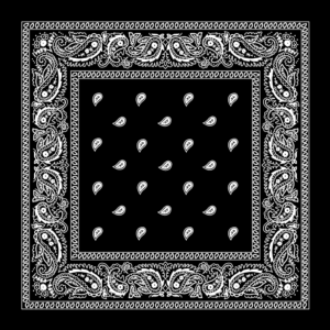 A black bandana features intricate white paisley designs along the borders with small white teardrop shapes scattered throughout the center creating a decorative pattern.