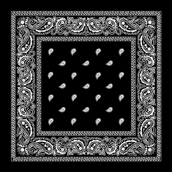 A black bandana features intricate white paisley designs along the borders with small white teardrop shapes scattered throughout the center creating a decorative pattern.
