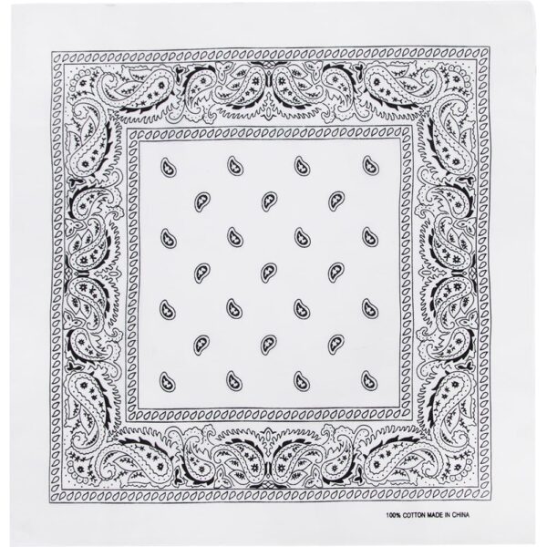 A square bandana features a black paisley pattern on a white background with a decorative border and smaller paisley motifs centrally arranged  designed for versatile use.