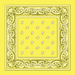 A yellow bandana is displayed with intricate black paisley patterns along the edges. Small white teardrop shapes are evenly scattered across the center  creating a decorative appearance.
