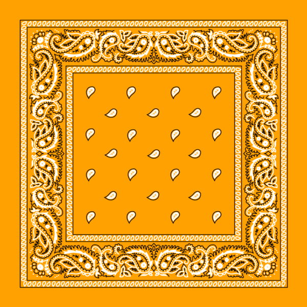 A patterned bandana with a bright orange background features a decorative border of paisley designs and small white teardrop shapes evenly spaced in the center.