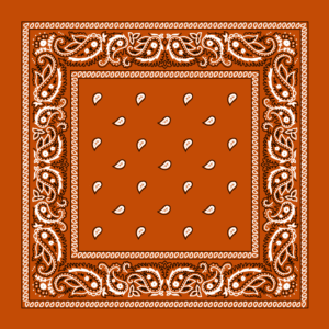 A square fabric features a bold orange background adorned with intricate white paisley designs along the edges and small white drop shapes scattered throughout the center.