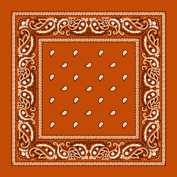 A square fabric features a bold orange background adorned with intricate white paisley designs along the edges and small white drop shapes scattered throughout the center.