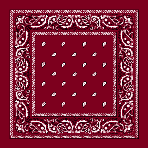 A maroon fabric bandana features intricate white paisley and floral patterns along the borders with small white teardrop shapes scattered throughout the central area.