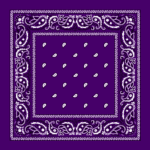 A purple bandana features intricate white paisley and floral patterns along the border with small white teardrop shapes scattered across the central area creating a symmetrical design.