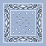 A blue bandana features intricate white paisley designs along its border with small white teardrop shapes arranged in a grid pattern in the center against the blue background.