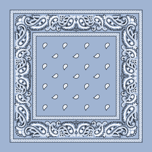 A blue patterned bandana features paisley designs along the borders with small teardrop motifs arranged in a grid-like pattern in the center creating a decorative textured effect.