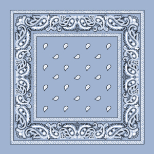 A decorative bandana features a light blue background with a paisley border and scattered white teardrop shapes in the center  creating a patterned design that is visually appealing.