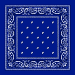 A blue bandana features intricate white paisley designs around the border with small white teardrop shapes scattered in the center creating a decorative patterned effect.