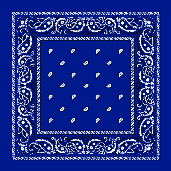 A blue bandana features intricate white paisley designs around the border with small white teardrop shapes scattered in the center creating a decorative patterned effect.