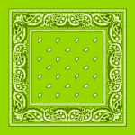 A green bandana features intricate white paisley designs on the edges and scattered white teardrop shapes throughout the center  set against a solid green background.