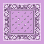 A purple bandana displays intricate white paisley designs along the edges with small teardrop shapes scattered across the center creating a decorative textile pattern.