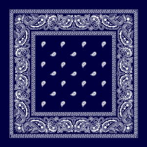 A navy bandana features intricate white paisley designs along the edges with smaller white paisley shapes scattered throughout the center creating a symmetrical decorative pattern.