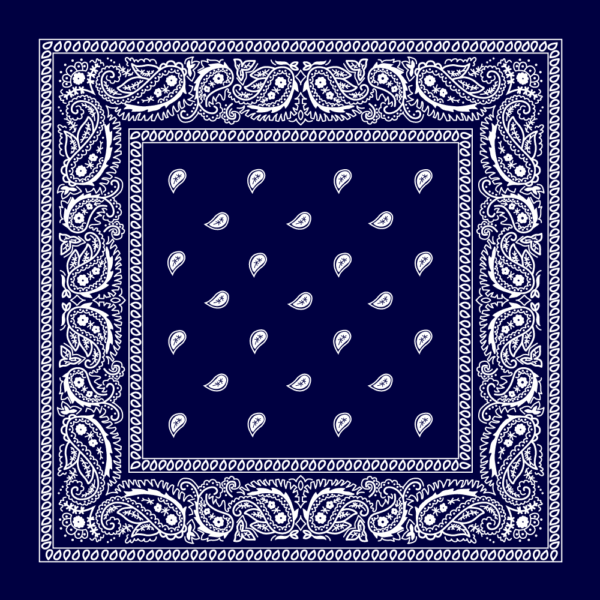 A navy bandana features intricate white paisley designs along the edges with smaller white paisley shapes scattered throughout the center creating a symmetrical decorative pattern.