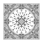 A symmetrical black and white bandana pattern features intricate paisley designs radiating from a central starburst shape surrounded by a decorative border creating a harmonious visual effect.