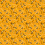 A vibrant mustard background features a repeating pattern of paisley shapes and floral designs in black and white creating an intricate decorative effect suitable for textiles or wallpaper.