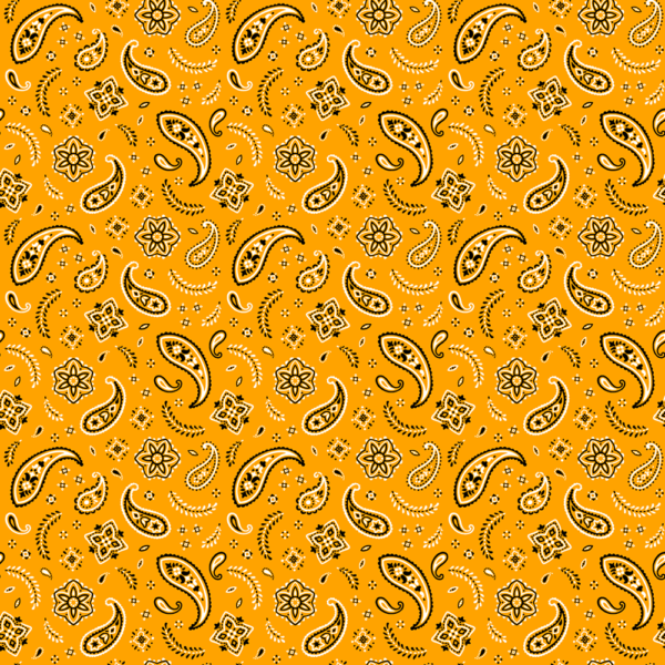 A vibrant mustard background features a repeating pattern of paisley shapes and floral designs in black and white creating an intricate decorative effect suitable for textiles or wallpaper.