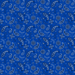 A blue textile features intricate paisley and floral patterns in white and black repeating across the surface creating a cohesive design suitable for fabric or wallpaper applications.