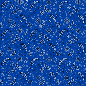 A blue textile features intricate paisley and floral patterns in white and black repeating across the surface creating a cohesive design suitable for fabric or wallpaper applications.