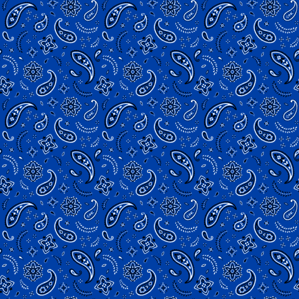 A blue textile features intricate paisley and floral patterns in white and black repeating across the surface creating a cohesive design suitable for fabric or wallpaper applications.