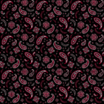 A black background features a repeating pattern of paisley shapes and floral designs in red and white  creating a vibrant textile aesthetic with intricate details throughout.