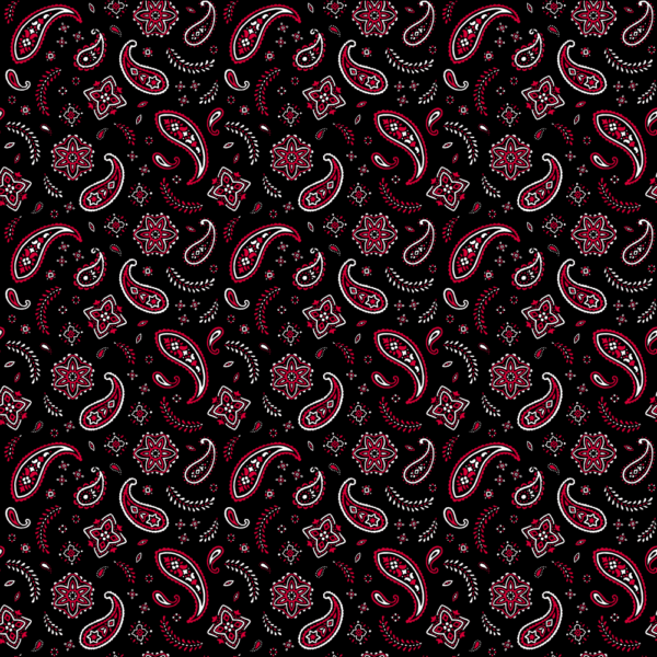 A black background features a repeating pattern of paisley shapes and floral designs in red and white  creating a vibrant textile aesthetic with intricate details throughout.
