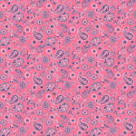 A repeating pattern of paisley  floral  and circular designs in dark blue on a vibrant pink background creates a lively and decorative visual texture suitable for fabric or wallpaper.