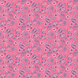 A repeating pattern of paisley  floral  and circular designs in dark blue on a vibrant pink background creates a lively and decorative visual texture suitable for fabric or wallpaper.