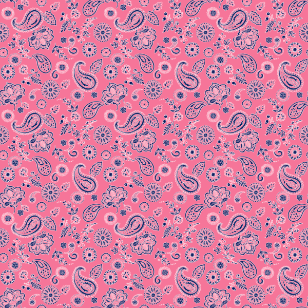 A repeating pattern of paisley  floral  and circular designs in dark blue on a vibrant pink background creates a lively and decorative visual texture suitable for fabric or wallpaper.