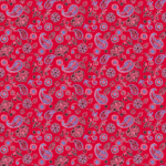 A vibrant red fabric features intricate patterns of paisleys  flowers  and decorative elements in blue  black  and pink  creating a festive and artistic visual texture throughout the design.