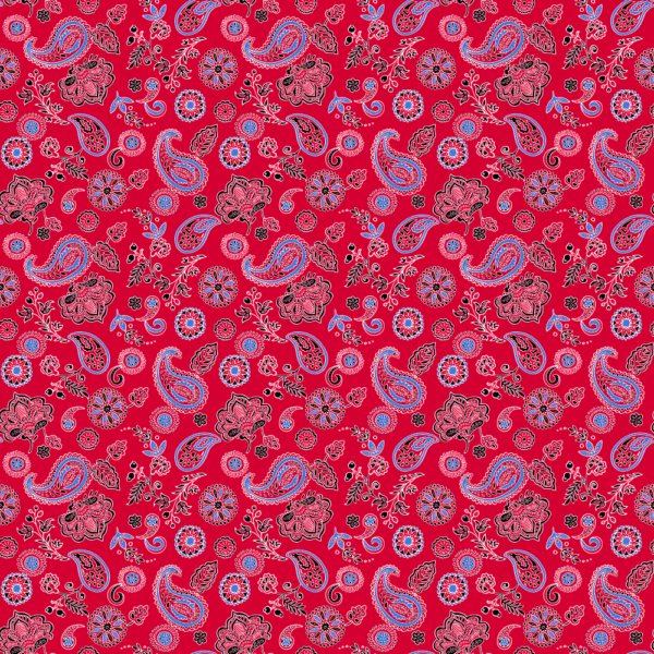 A vibrant red fabric features intricate patterns of paisleys  flowers  and decorative elements in blue  black  and pink  creating a festive and artistic visual texture throughout the design.