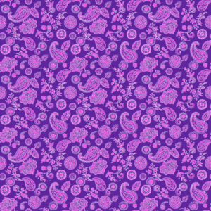 A vibrant purple background features intricate patterns of paisley shapes flowers and circular designs in various shades of pink and white creating a lively decorative texture.