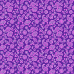A vibrant purple fabric features intricate floral and paisley patterns in shades of pink and white creating a lively decorative design suitable for textiles or wallpapers