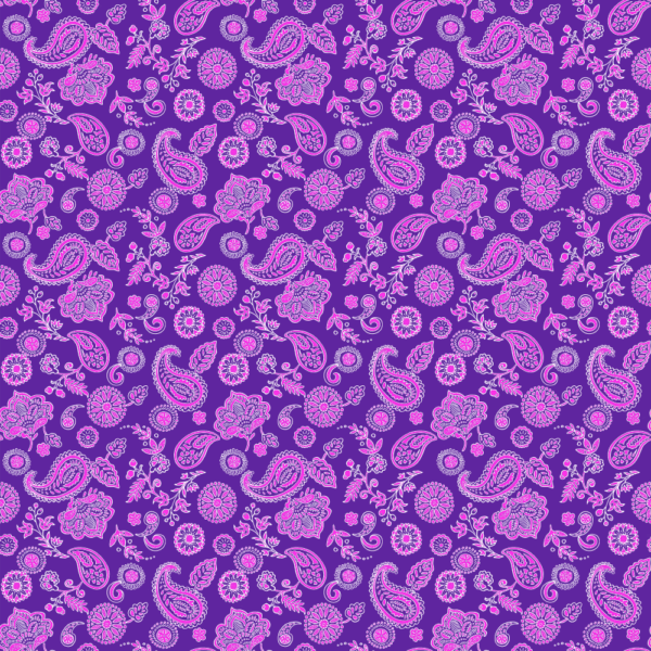 A vibrant purple fabric features intricate floral and paisley patterns in shades of pink and white creating a lively decorative design suitable for textiles or wallpapers