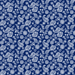 A patterned fabric features intricate white designs of paisleys and flowers on a dark blue background providing a decorative element suitable for textiles or home decor.