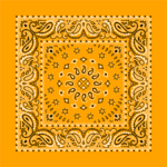 A square bandana with intricate paisley designs in black and white on a solid mustard yellow background showcases a symmetrical floral and decorative pattern throughout the fabric.