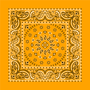 A square bandana with intricate paisley designs in black and white on a solid mustard yellow background showcases a symmetrical floral and decorative pattern throughout the fabric.