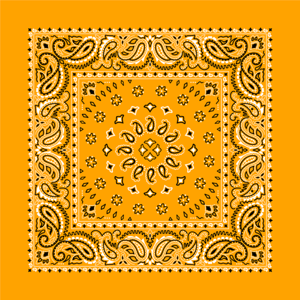 A square bandana with intricate paisley designs in black and white on a solid mustard yellow background showcases a symmetrical floral and decorative pattern throughout the fabric.