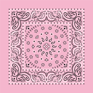 A pink bandana features intricate black paisley patterns and floral designs arranged symmetrically across the fabric creating a decorative and stylish look suitable for fashion or accessories.