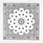 A black and white bandana features intricate paisley patterns around the edges with a floral design at the center set against a white background  emphasizing a classic textile style.