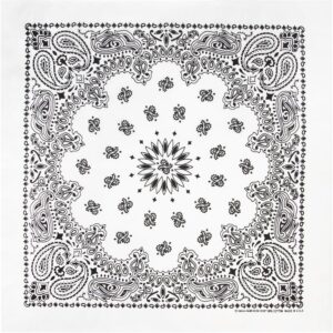 A black and white bandana features intricate paisley patterns around the edges with a floral design at the center set against a white background  emphasizing a classic textile style.