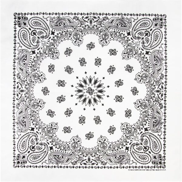A black and white bandana features intricate paisley patterns around the edges with a floral design at the center set against a white background  emphasizing a classic textile style.