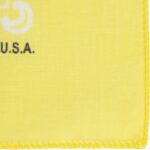 A yellow fabric handkerchief displays a white logo and text that reads U.S.A. against a plain background with neatly finished edges highlighting its textile texture.