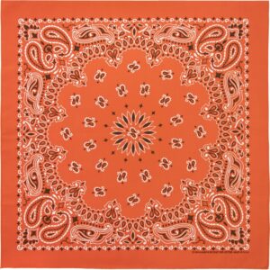 A square bandana featuring intricate white paisley patterns and a central starburst design on an orange background  often used as a fashion accessory or for practical purposes.