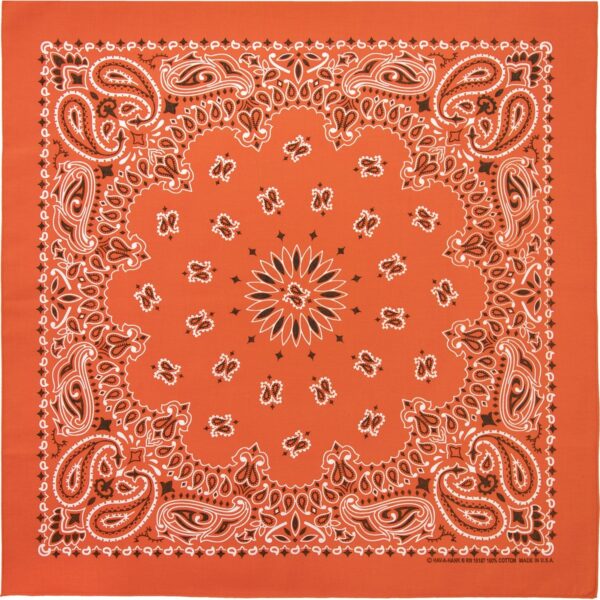 A square bandana featuring intricate white paisley patterns and a central starburst design on an orange background  often used as a fashion accessory or for practical purposes.