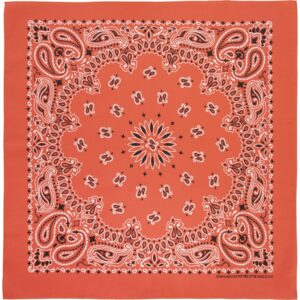 A square bandana with a decorative paisley pattern in shades of orange and black is displayed flat  showcasing intricate designs around a central starburst motif.