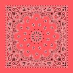 A red bandana features intricate white and black paisley patterns radiating from a central flower-like design creating a symmetrical decorative style centered in a plain background.