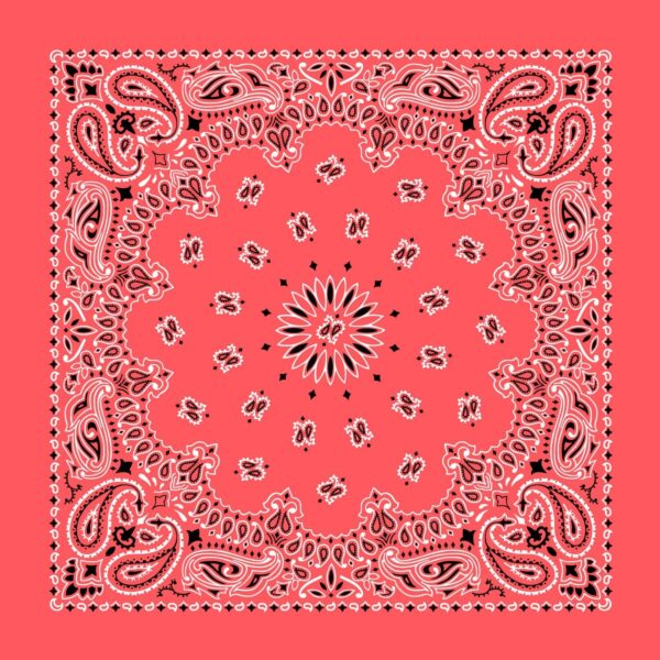 A red bandana features intricate white and black paisley patterns radiating from a central flower-like design creating a symmetrical decorative style centered in a plain background.