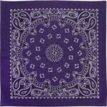 Purple bandana displaying intricate white paisley patterns and floral designs centered in a circular format creating a vibrant textile piece suitable for various styling or practical uses