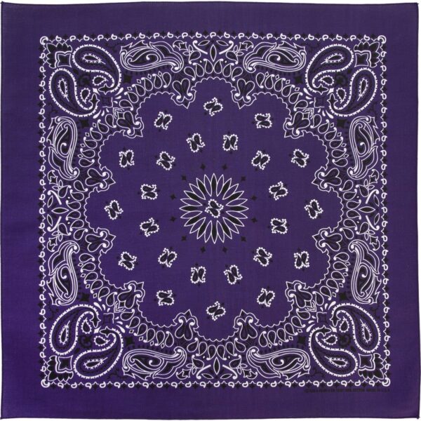 Purple bandana displaying intricate white paisley patterns and floral designs centered in a circular format creating a vibrant textile piece suitable for various styling or practical uses